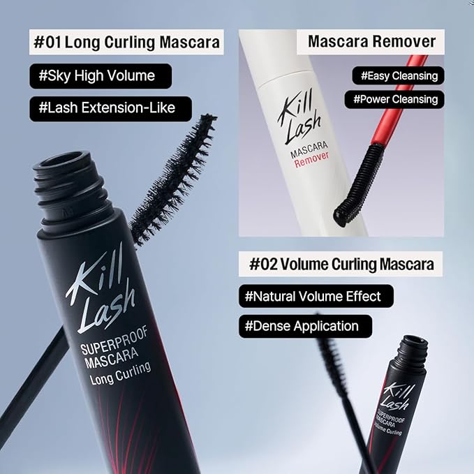 CLIO Kill Lash Superproof Mascara Holiday Gift Set, Long-Lasting & Volumizing, Waterproof, Clmup & Smudge-Free, Stocking Stuffers, Korean Beauty (001 Long Curling + 002 Volume Curling(Mini) +Remover)