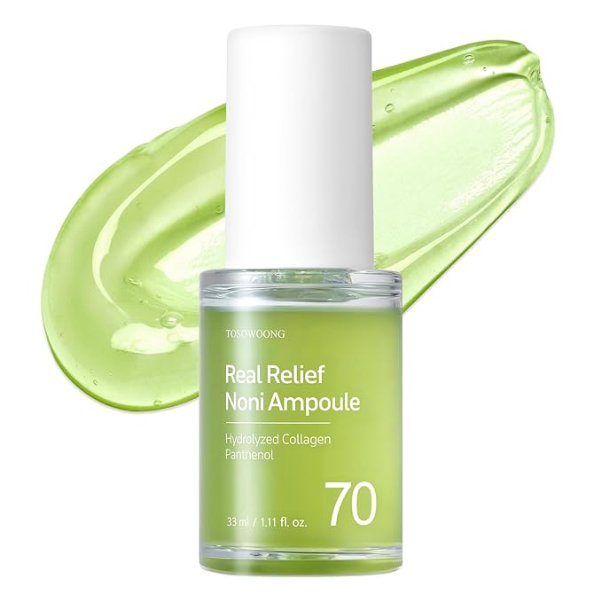 TOSOWOONG Real Relief Noni Ampoule, 701,518ppm Noni Leaf Juice, Korean Skincare Calming Serum, Dark Spots & Fine Lines, Hydration, Moisturizing, Anti Aging, Glass Skin Glow, 33ml / 1.11 fl. oz.