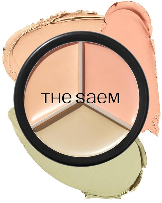 THESAEM Cover Perfection Triple Pot Concealer - 03 Correct Up Beige for Red Tone & Dark Circles - 3-Color Multi Concealer Palette for Light Skin Tones 13-21 - Korean Makeup with Sweet Almond Oil