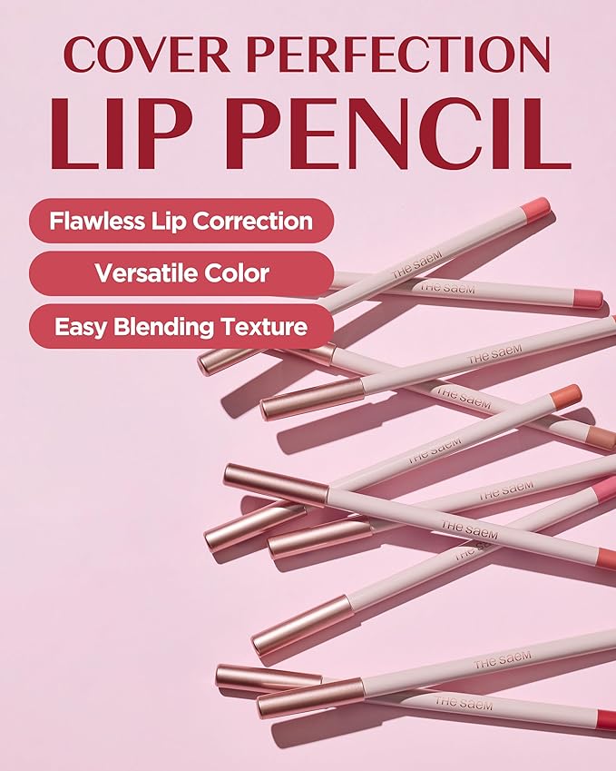 THESAEM Cover Perfection Lip Pencil - 10 Urbane Rosy Red - Slim 4mm Lip Liner for Overlip Correction - Korean Makeup Lip Contouring Pencil Easy Blending Formula, 0.04oz