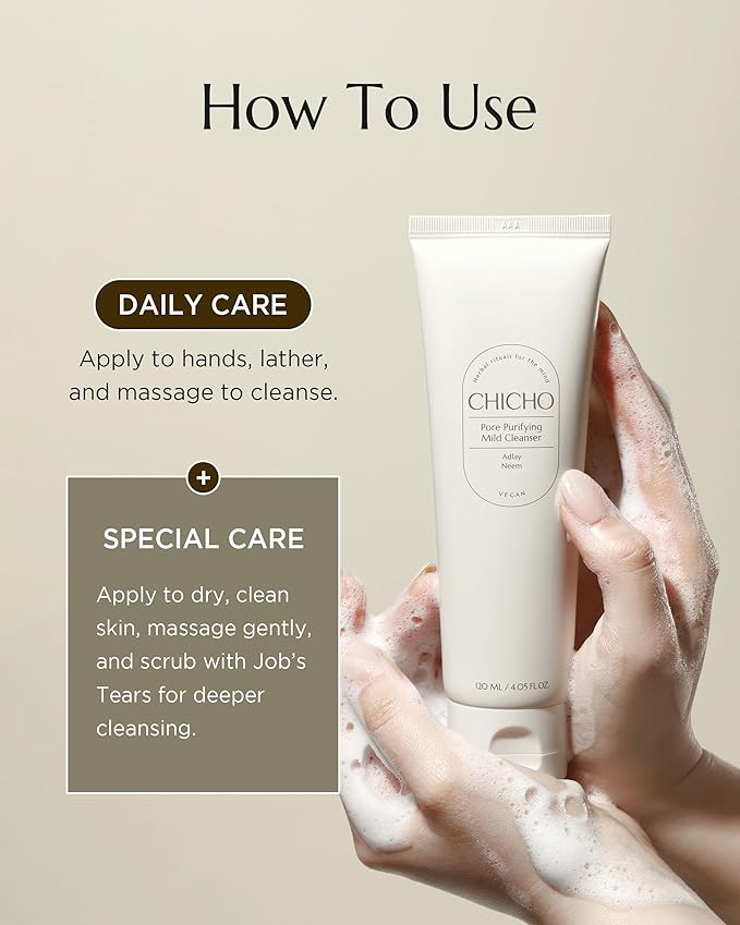 CHICHO Korean Pore Purifying Mild Cleanser with Job's Tears Seed Powder 10,000ppm, PHA, 5 Ceramides 84% - Deep Cleansing & Exfoliating Hydrating Face Wash for Sensitive Skin, 4.05 fl.oz.