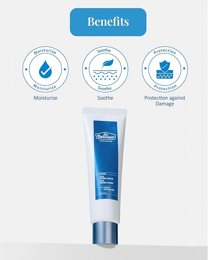 DR. BELMEUR Advanced Cica Hydro Cream (2fl oz) - Soothing, Barrier-Strengthening Face Moisturizer for Sensitive Skin. Korean Skin Care. Centella Asiatica, Hyaluronic Acid.