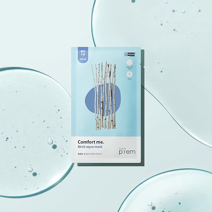 MAKE P:REM Comfort Me. Birch Aqua Mask, Korean Facial Sheet Mask, EWG Green, Soothing & Hydrating Face Mask, EVE VEGAN, 30ml, 1.01 fl.oz. x 10EA