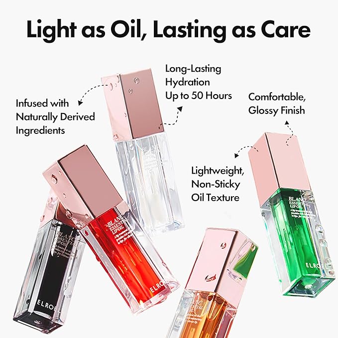 Blanc Essential Lip Oil - 50HR Moisturizing & Hydrating Korean Lip Gloss Makeup with 6 Botanical Extracts - Lightweight, Non-Sticky Clear Essence Overnight Repair 0.15 fl oz (#02 Raspberry)
