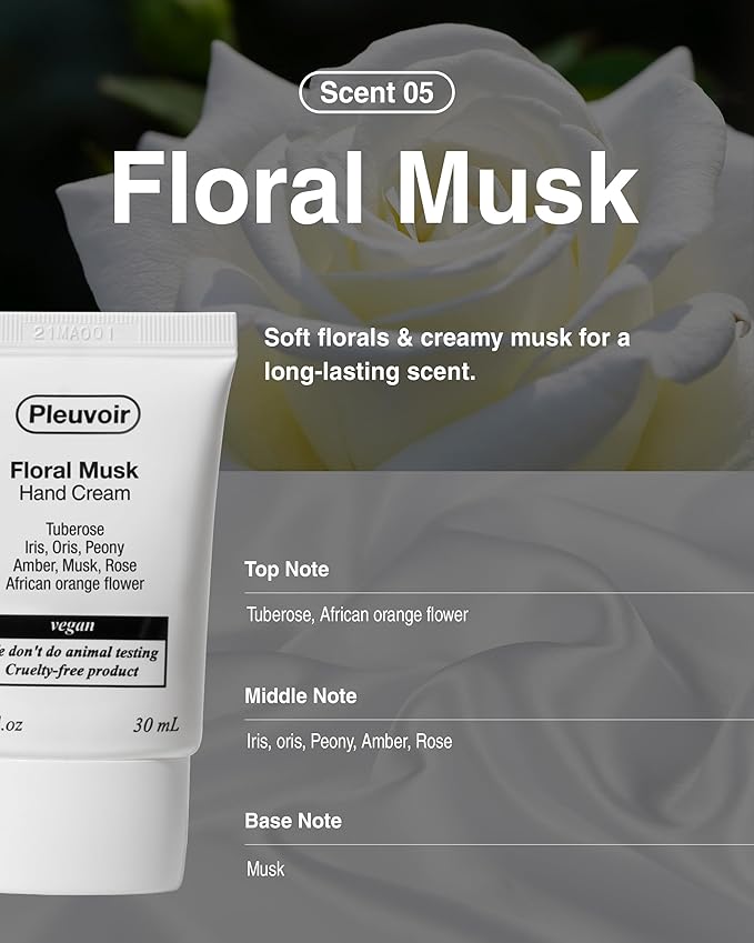 Pleuvoir Hand Cream Floral Musk - Creamy Musk Wildflower Garden Scent - Lightweight, Non-Sticky Moisturizing with Shea Butter, Hyaluronic Acid and Jojoba Oil - Vegan Korean K-Beauty, 1oz