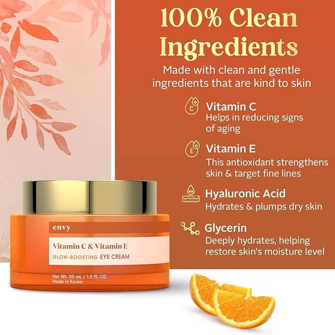 Envy Vitamin C & Vitamin E Under Eye Cream – Visibly Improves Dark Circles & Puffiness – Anti-Aging, Dermatologist Tested, Cruelty-Free Korean Skincare for All Skin Types – 1.01 oz