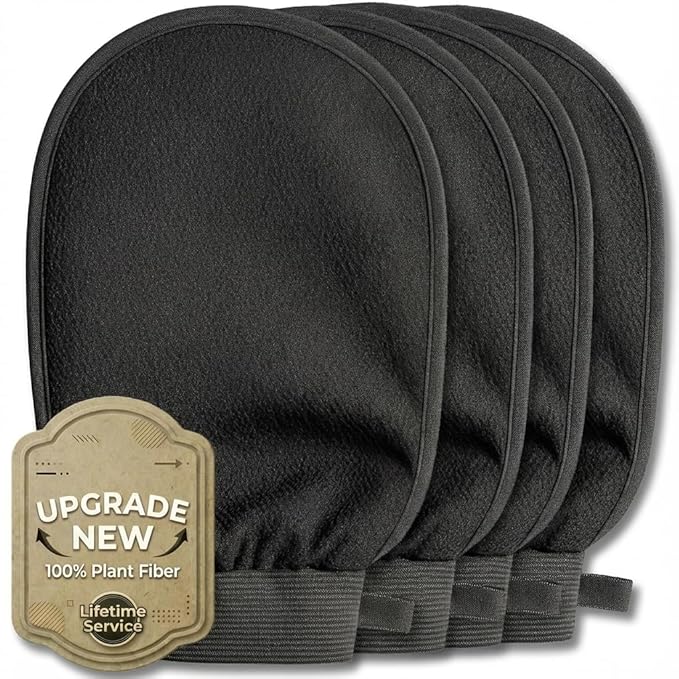 Deep Exfoliating Glove 4 Pcs, Korean Exfoliating Mitt for Body Scrub, Dead Skin Removal & Keratosis Pilaris Treatment, Spray and Self Tan Remover