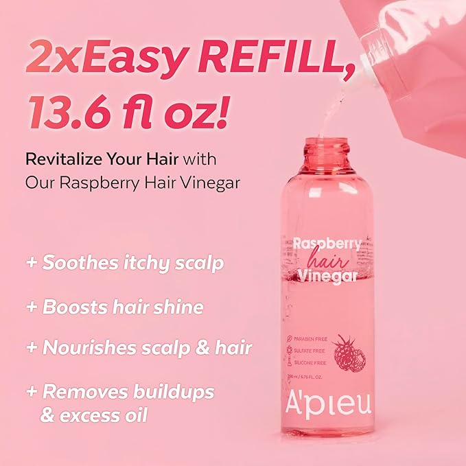 A’PIEU Raspberry Hair Vinegar Rinse & Refill Set – Deep Scalp Clarifying, pH-Balancing Care, Controls Oil & Buildup, Leaves Hair Silky-Soft, Shiny & Fresh | Korean Hair Care (6.76 / 13.6 fl oz)
