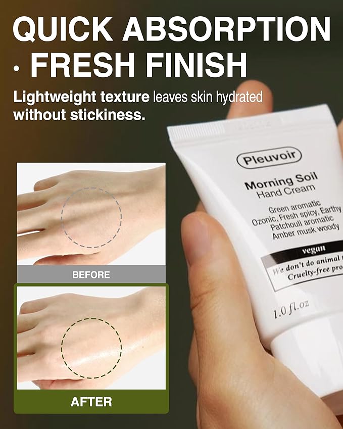 Pleuvoir Hand Cream Hinoki Leather - Cypress Forest Leather Scent - Lightweight, Non-Sticky Moisturizing with Shea Butter, Hyaluronic Acid and Jojoba Oil - Vegan Korean K-Beauty, 1oz