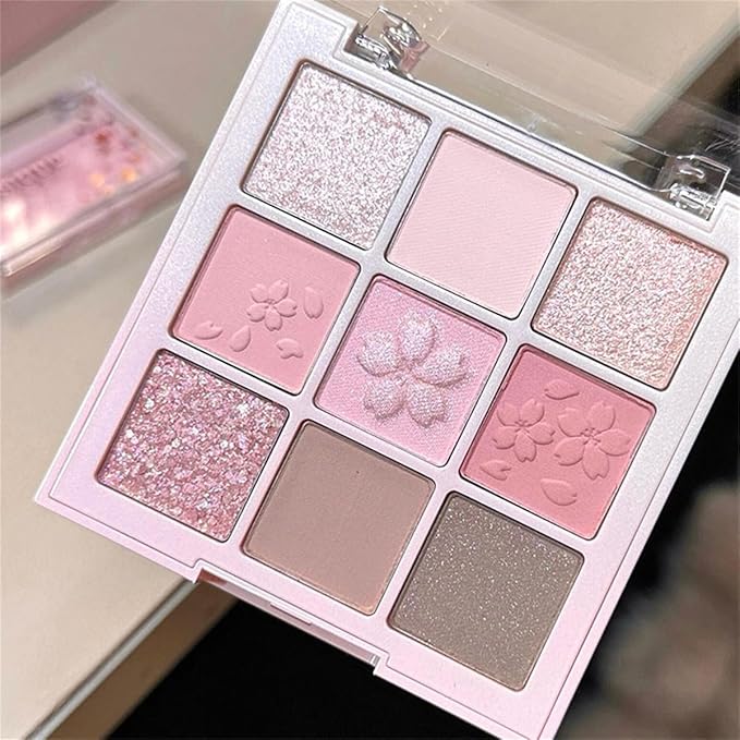 9 Colors Glitter Shimmer Eyeshadow Makeup Palette, Korean Natural Neutral Eye shadow Palettes Highly Pigmented Long Lasting Waterproof Blendable sombras para ojos Pink White Golden Brown