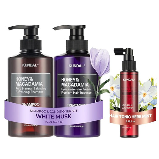 KUNDAL Shampoo/Conditioner + Caffeine Scalp Tonic Set, Sulfate Free Moisture Care, Hair Loss Scalp Strengthening, Korean Hair Care + White Musk, 16.9 fl oz x2 + 3.38 fl oz