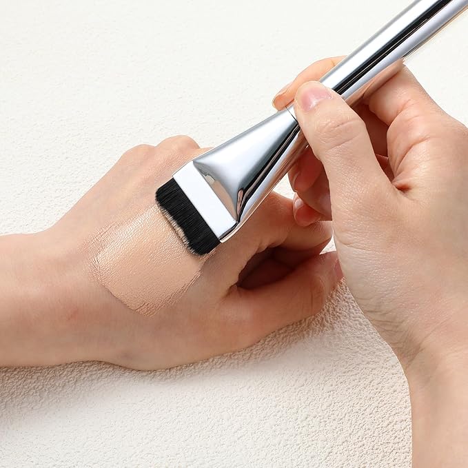 2pcs Spatula Brush Makeup, Flat Foundation Brush, Korean Makeup Brushes for Liquid Makeup Blending Cream, Black Soft Bristles Blending Brushes Silver