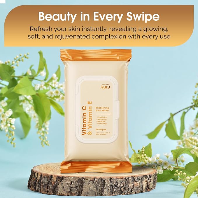 Vitamin C & Vitamin E Face Wipes – Dermatologist Tested, Anti-Aging, Korean Skin Care – Removes Makeup, Hydrates, Softens The Look Of Fine Lines – Vegan, Clean Beauty – 240 Count
