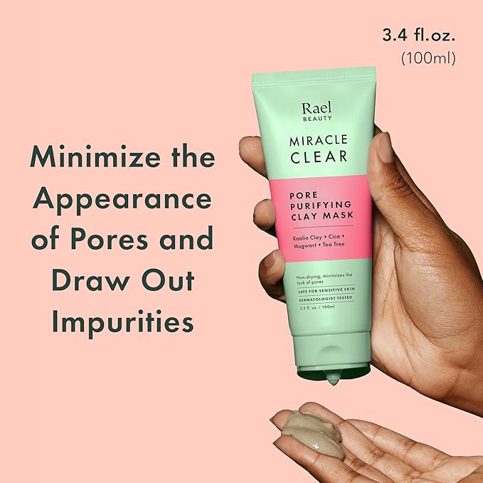 Rael Face Mask, Miracle Clear Clay Mask – Deep Pore Cleanser with Tea Tree & Gentle Exfoliation for Blackheads, Korean Skin Care (3.4 fl oz)