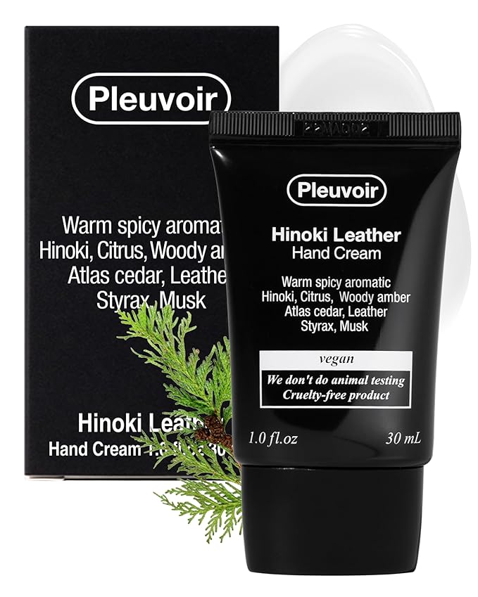 Pleuvoir Hand Cream Hinoki Leather - Cypress Forest Leather Scent - Lightweight, Non-Sticky Moisturizing with Shea Butter, Hyaluronic Acid and Jojoba Oil - Vegan Korean K-Beauty, 1oz