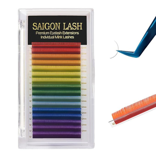 Eyelash Extensions, Mink Lash, Volume & Classic Lashes for Professionals, J/B/C/CC/D/L/M Curl, 4-15mm Length, Soft Korean PBT Fiber, 16 Rows Lash Tray (Rainbow-C-0.07-12mm)