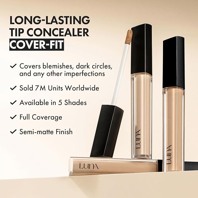 LUNA Long-Lasting Tip Concealer Cover-Fit (#01 Vanilla) Full Coverage, for Under Eye Dark Circles, Fine Lines, Redness & Discoloration, Korean Makeup 0.26 Fl Oz