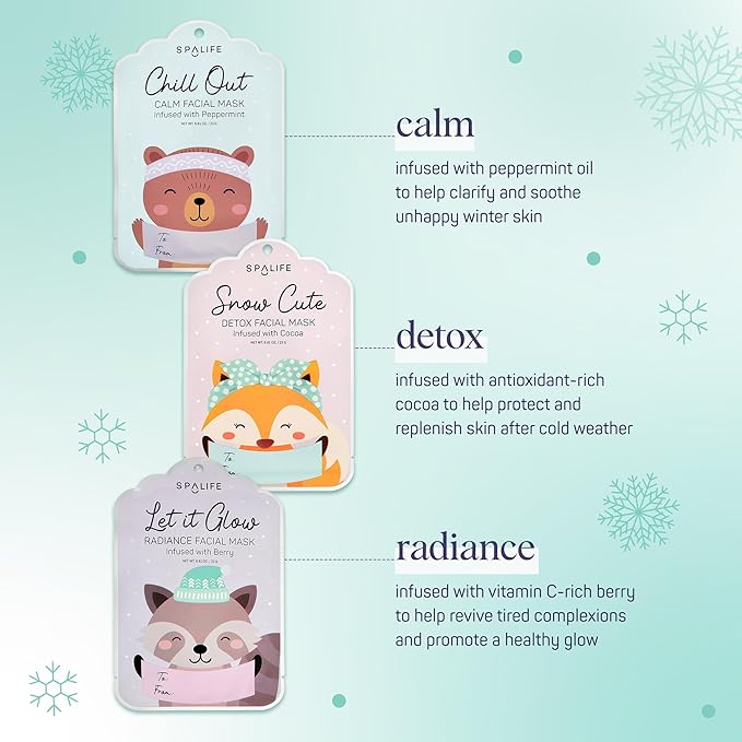 SpaLife Beauty Holiday Gift Tags Christmas Face Mask Bundle | Korean Facial Masks | Hydrating, Tone Evening, Refreshing Christmas Sheet Mask Set | Christmas Gifts for Women | 9 Pack