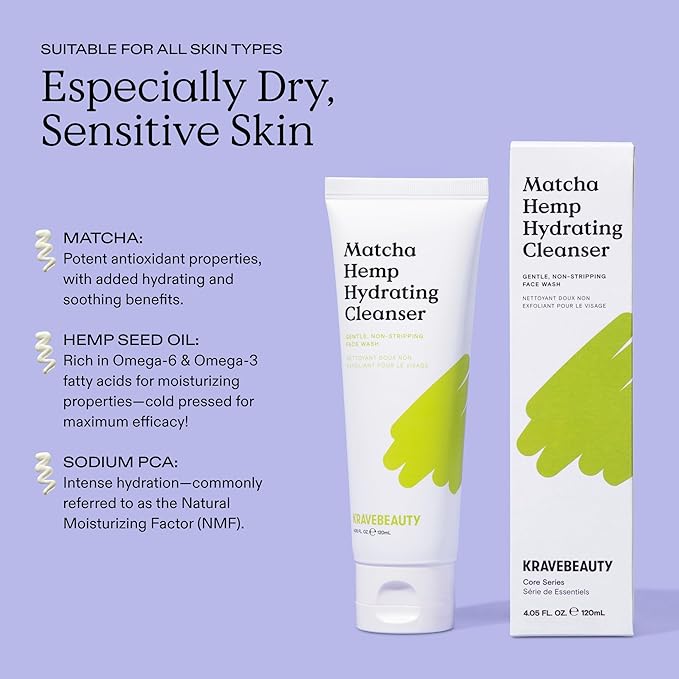 KraveBeauty Matcha Hemp Hydrating Cleanser Duo – Korean-Inspired Daily Gentle Face Wash, Supports Skin Barrier, Hydrating & Non-Stripping, Vegan & Cruelty-Free, 4.05 fl oz x2