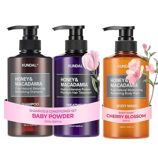 KUNDAL Shampoo/Conditioner + Honey Body Wash Set, Sulfate Free Moisture Care, Head to Toe Hydration, Korean Beauty + Baby Powder Cherry Blossom, 16.9 fl oz x3