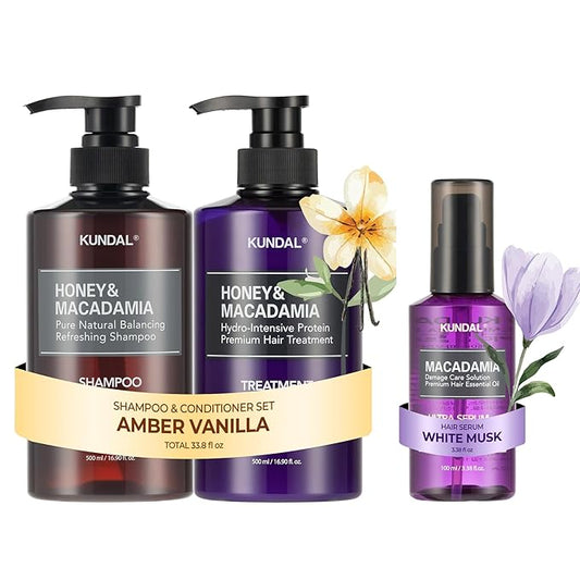 KUNDAL Shampoo/Conditioner + Damage Repair Hair Serum Set, Sulfate Free Moisture Care, Frizz Control & Shine, Korean Hair Care + Amber Vanilla White Musk, 16.9 fl oz x2 + 3.38 fl oz