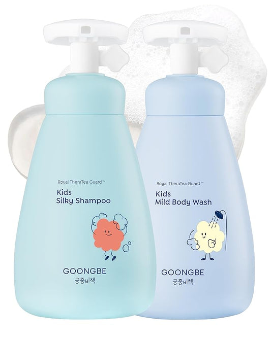 GOONGBE Kids' Bath Time Set - Korean Silky Shampoo & Mild Body Wash - Complete Hair & Body Care for Sensitive Skin - Low pH, Silicone-Free Formula - Allergen Free Scent, 10.1 fl.oz each