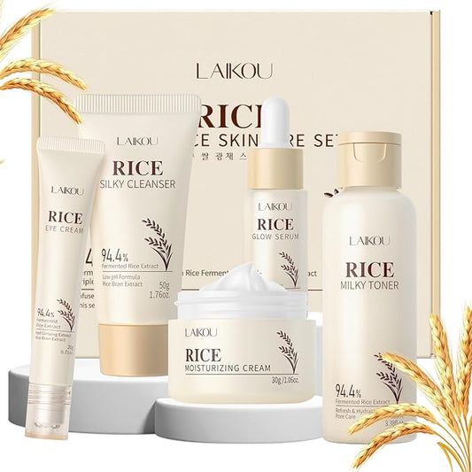 LAIKOU Skin Care Set, Korean Skin Care with Rice Cleanser, Toner, Serum, Eye Serum, Moisturizing Cream 5pcs for Women Teen Girls Mom Daughter Mother's Day Birthday Christmas Lover Korean Beauty