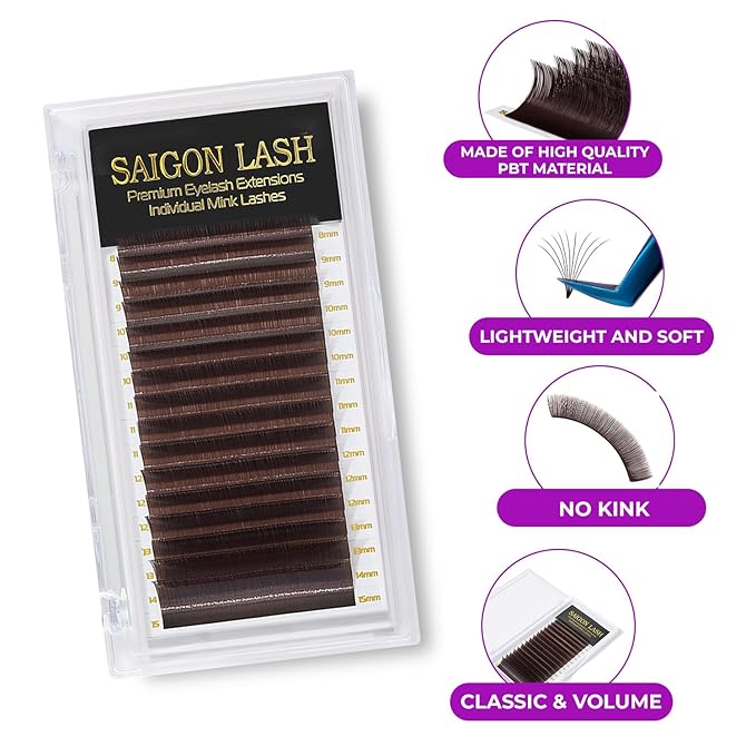 Eyelash Extensions, Mink Lash, Volume & Classic Lashes for Professionals, J/B/C/CC/D/L/M Curl, 4-15mm Length, Soft Korean PBT Fiber, 16 Rows Lash Tray (Dark chocolate-C-0.05-8-15mm)