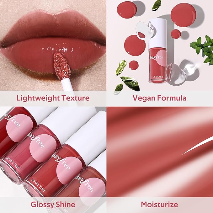 bayfree Hydrating Tinted Lip Oil, Korean Lip Gloss with High Shine & Pigmented Color, Lightweight Non-Sticky Formula for Dry Lips, Vitamin E Enriched for All-Day Moisturizing, Vegan & Cruelty-Free