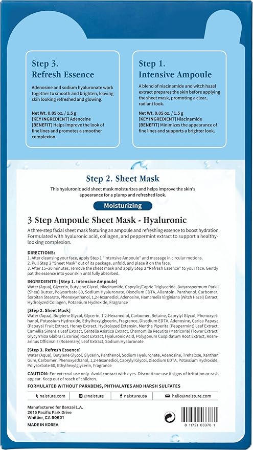 Naisture 3 Step Ampoule Hydrating Sheet Mask Set for Skin Elasticity, Smoothing, and Moisture. Korean Skincare Kit with Ampoule, Mask, and Essence (5 pcs) (Hyaluronic Acid)