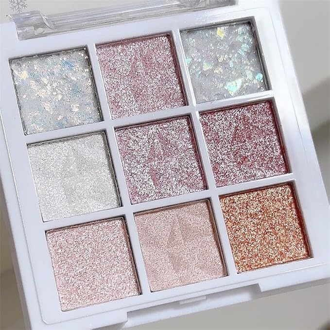 9 Colors Glitter Shimmer Eyeshadow Makeup Palette, Korean Natural Neutral Eye shadow Palettes Highly Pigmented Long Lasting Waterproof Blendable sombras para ojos Pink White Golden Brown