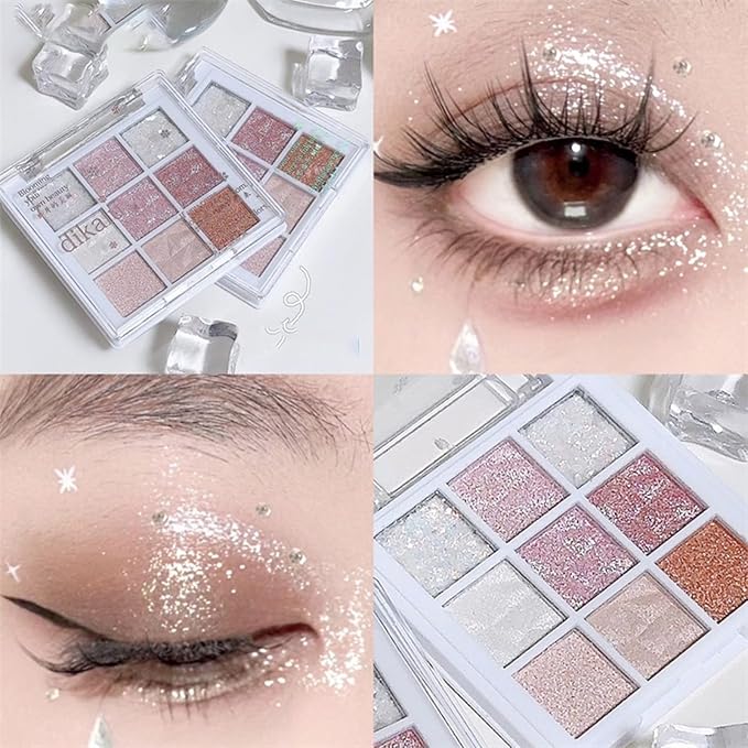 9 Colors Glitter Shimmer Eyeshadow Makeup Palette, Korean Natural Neutral Eye shadow Palettes Highly Pigmented Long Lasting Waterproof Blendable sombras para ojos Pink White Golden Brown