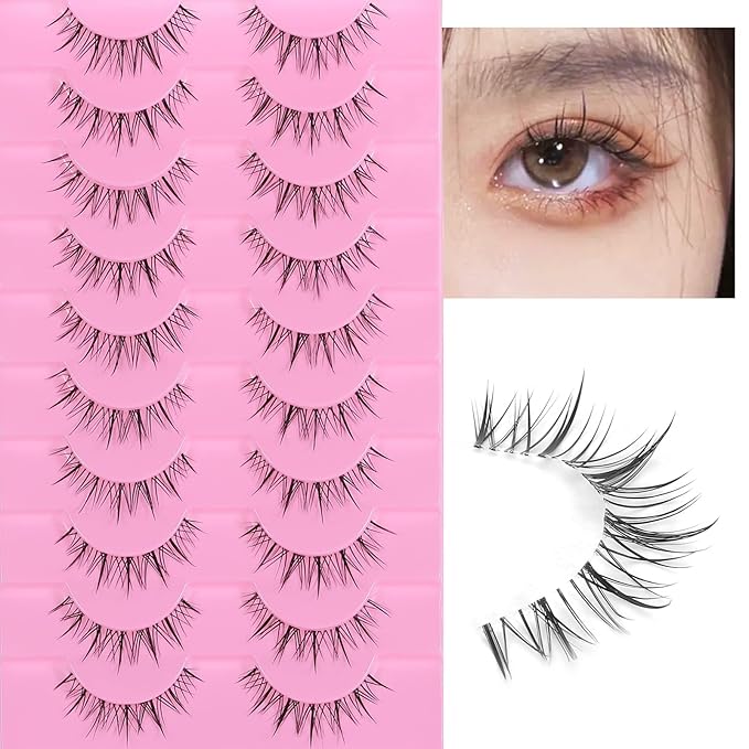 outopen 10 Pairs Manga Lashes Natural Look False Eyelashes Wispy Spiky Anime Lashes Korean Japanese Asian Style Cosplay Fake Eyelashes with Clear Band