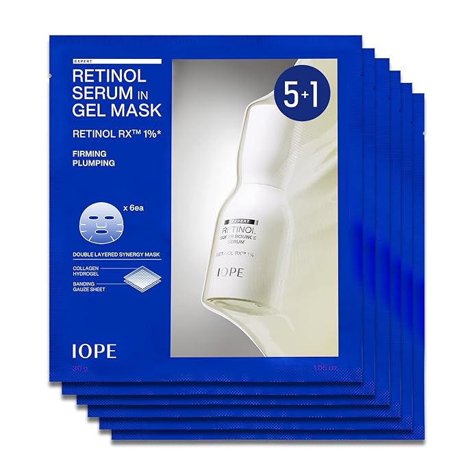IOPE Retinol Serum in Deep Collagen Gel Mask 5+1 Set | Double-Layered Hydrogel Sheet for High Adhesion, A Full Bottle of Retinol RX 1% Serum, Intense Firming & Plumping, Anti-Aging, Korean Skincare