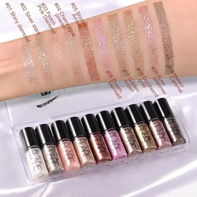 10Pcs Colorful Liquid Glitter Eyeshadow & Eyeliner Sticks Kit – Korean Shimmer Metallic Eye Makeup, Quick-Drying & Waterproof, Vegan & Cruelty-Free, Silver Brown Pink Gold Sparkle sombras de ojos