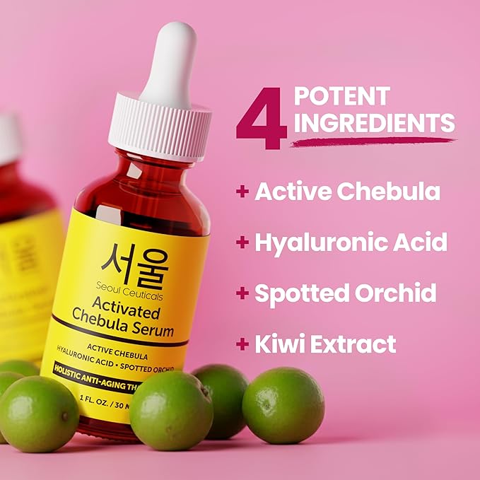 SeoulCeuticals Chebula Active Serum for Face - Korean Skin Care Anti Aging Natural K Beauty Skincare With Hyaluronic Acid + Spotted Orchid for Healthy, Youthful Glowing Skin 1oz