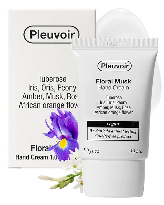 Pleuvoir Hand Cream Floral Musk - Creamy Musk Wildflower Garden Scent - Lightweight, Non-Sticky Moisturizing with Shea Butter, Hyaluronic Acid and Jojoba Oil - Vegan Korean K-Beauty, 1oz