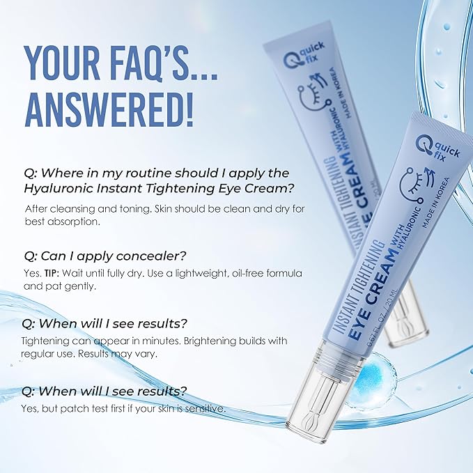 Quick Fix Hyaluronic Acid Instant Eye Tightener – Hydrating & Firming Under Eye Cream For Wrinkles & Puffiness – Dermatologist Tested, Anti-Aging Korean Skin Care – Vegan, Clean Beauty – .67 Fl Oz