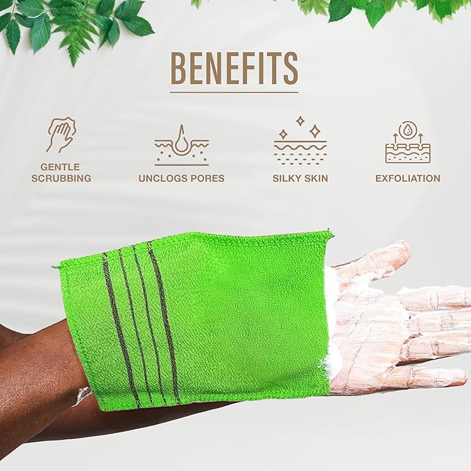 Sheanefit Exfoliating Bath Washcloth - Premium Korean Body Scrubber Crafted from Durable 100% Rayon Viscose for Spa-Like Skin Treatment at Home (18, Green, Red & Yellow)