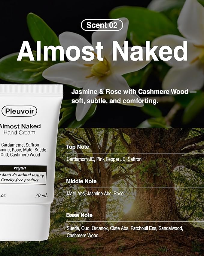 Pleuvoir Hand Cream Almost Naked - Soft Jasmine Rose Cashmere Wood Scent - Lightweight, Non-Sticky Moisturizing with Shea Butter, Hyaluronic Acid and Jojoba Oil - Vegan Korean K-Beauty, 1oz