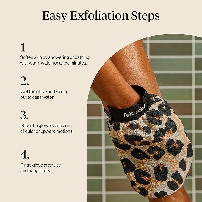 Kitsch Exfoliating Glove – Korean Exfoliating Mitt & Deep Exfoliating Body Scrubber for Shower, Bath | Body Exfoliator, Dead Skin Remover | Skin Care for Smooth, Renewed Skin - 1pc, Leopard
