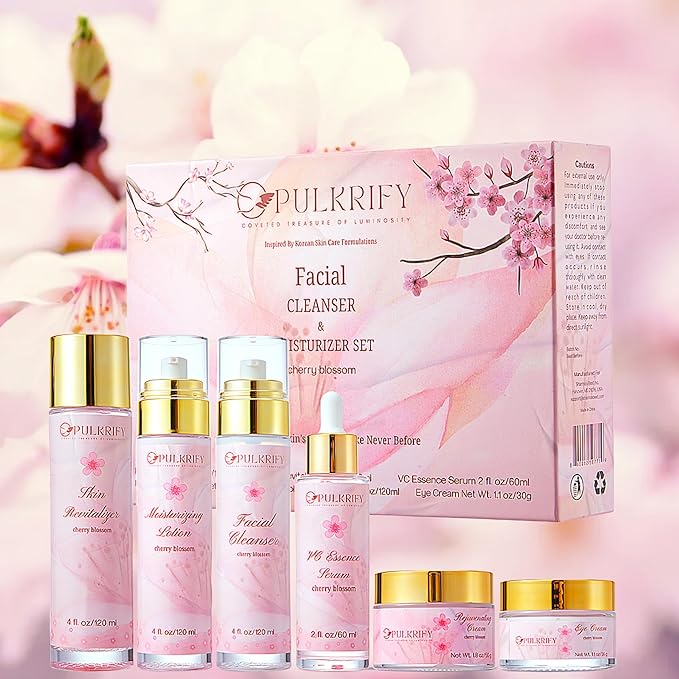 Luxurious Korean Style Cherry Blossom Facial Cleanser & Moisturizer Set Facial Cleanser, Moisturizer, Revitalizer, Serum, Rejuvenator, Eye Cream, Daily Skincare Routine, Retinol-Free, All-skin types