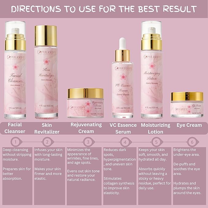 Luxurious Korean Style Cherry Blossom Facial Cleanser & Moisturizer Set Facial Cleanser, Moisturizer, Revitalizer, Serum, Rejuvenator, Eye Cream, Daily Skincare Routine, Retinol-Free, All-skin types