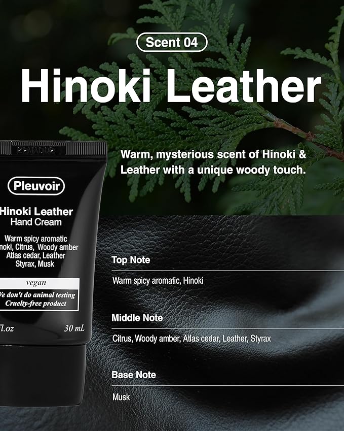 Pleuvoir Hand Cream Hinoki Leather - Cypress Forest Leather Scent - Lightweight, Non-Sticky Moisturizing with Shea Butter, Hyaluronic Acid and Jojoba Oil - Vegan Korean K-Beauty, 1oz