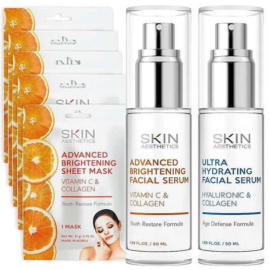 Hydrating Face Mask and Serum Set with Vitamin C, Hyaluronic Acid & Collagen - Smooths Fine Lines, Supports Firmness - Dermatologist Tested, Korean Skin Care, Vegan - 3 Pc Bundle