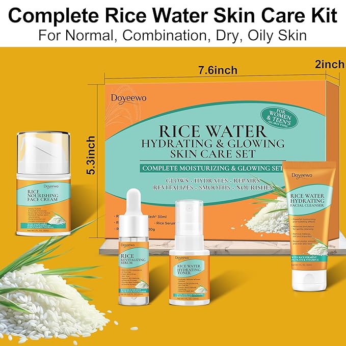 Skin Care Set,Women Teen Glass Skincare w/ Korean Rice Extract,Hydrate Glow Repair Anti-Aging Facial Routine Kit Gift Set for Womens Teens Girl Mom Wife Valentines Christmas Gifts Stocking Stuffers