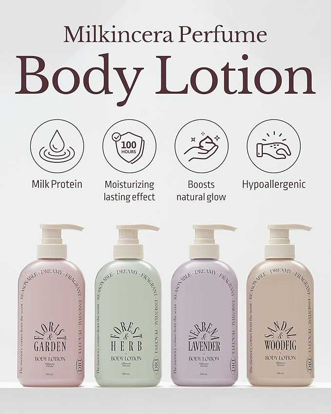Milk in Cera Perfume Body Lotion - Korean 100hr Moisturizing Body Moisturizer for All Skin Types - Natural Green Herb Scent - with Milk Protein and Ceramide, 16.9 fl.oz.