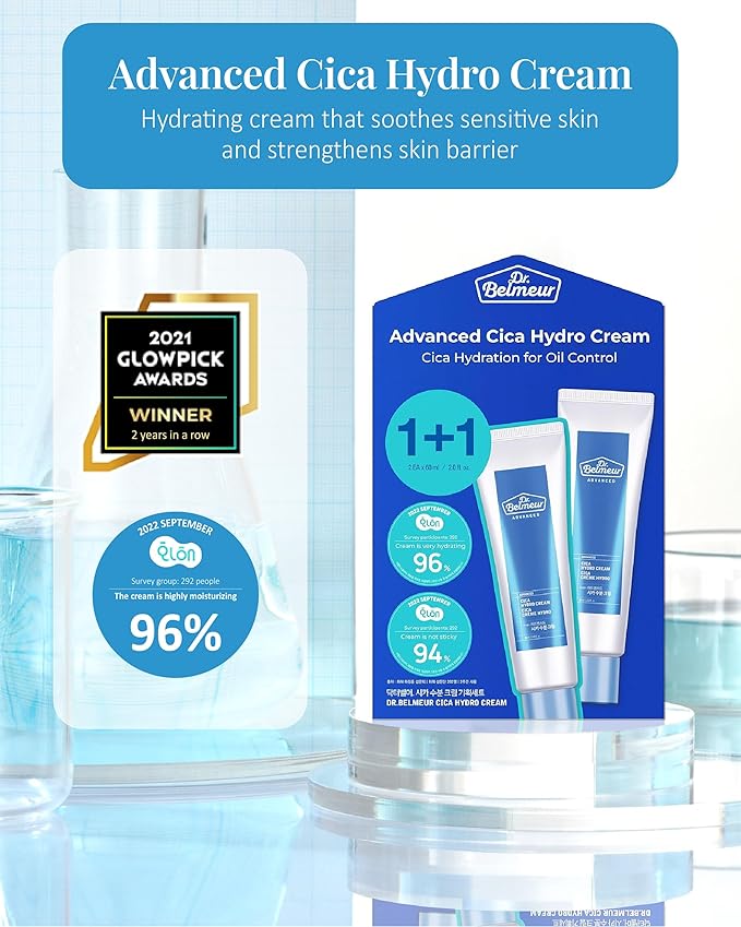 DR. BELMEUR Advanced Cica Hydro Cream (2fl oz) - Soothing, Barrier-Strengthening Face Moisturizer for Sensitive Skin. Korean Skin Care. Centella Asiatica, Hyaluronic Acid.