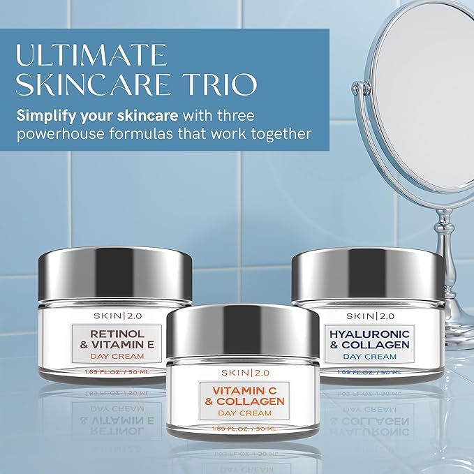 Face Moisturizer Day Cream Set - Dermatologist Tested, Anti Aging, Korean Skin Care - For Firm, Smooth, Plump and Hydrated Skin - Vegan, Clean Beauty, Cruelty Free- Pack of 3