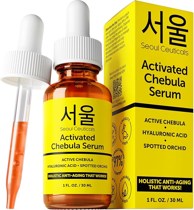 SeoulCeuticals Chebula Active Serum for Face - Korean Skin Care Anti Aging Natural K Beauty Skincare With Hyaluronic Acid + Spotted Orchid for Healthy, Youthful Glowing Skin 1oz